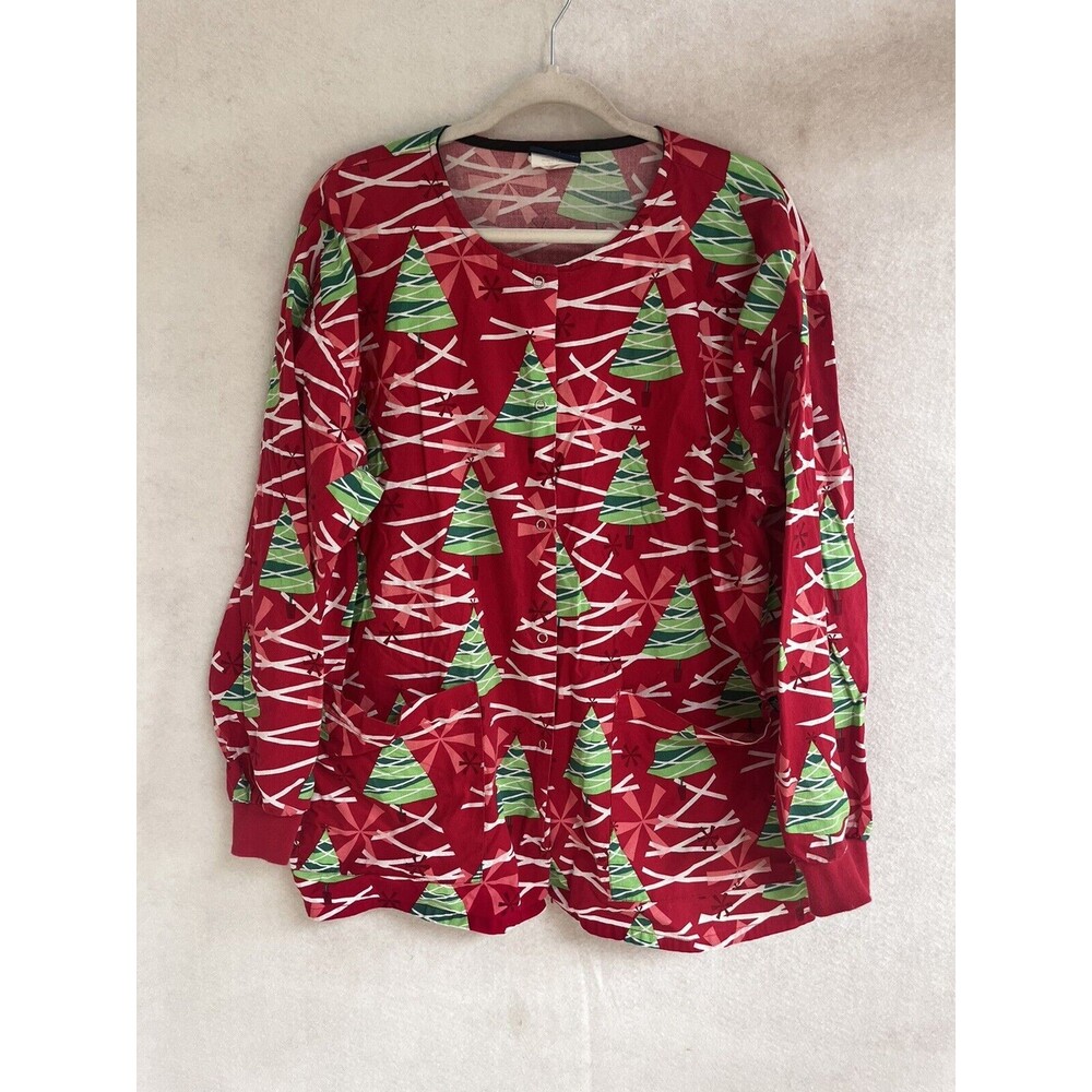 Tafford  Scrubs Red Long Sleeve Shirt Large L Christmas Tree smock uniform